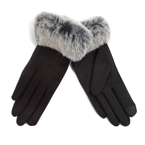 L/XL Women's Faux Fur Trim Touch Screen Gloves - Picture 3 of 3